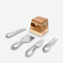 Best selling 4 Small Stainless Steel Cheese Knives and Fork with Magnetic Acacia Wood Holder cheese tools set